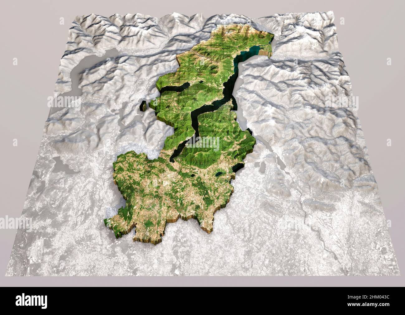 Satellite view of the Como province, Lombardia region. Italy. 3d rendering. Physical map, plains, mountains, lakes, mountain range Stock Photo