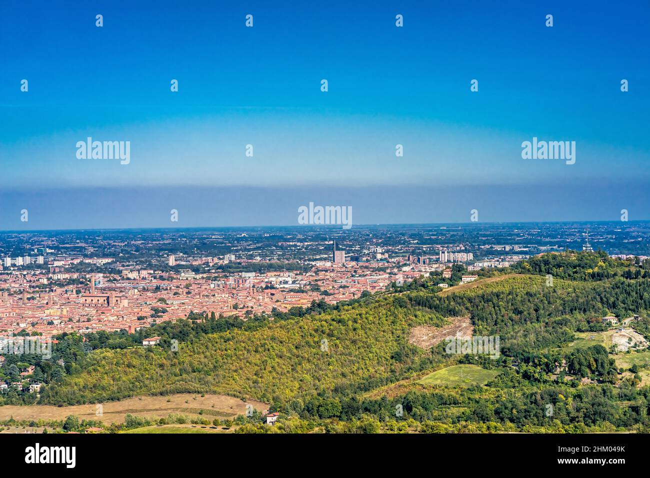 Panoramic view of the cityscape of Bologna from Santuario della Madonna di San Luca Stock Photo