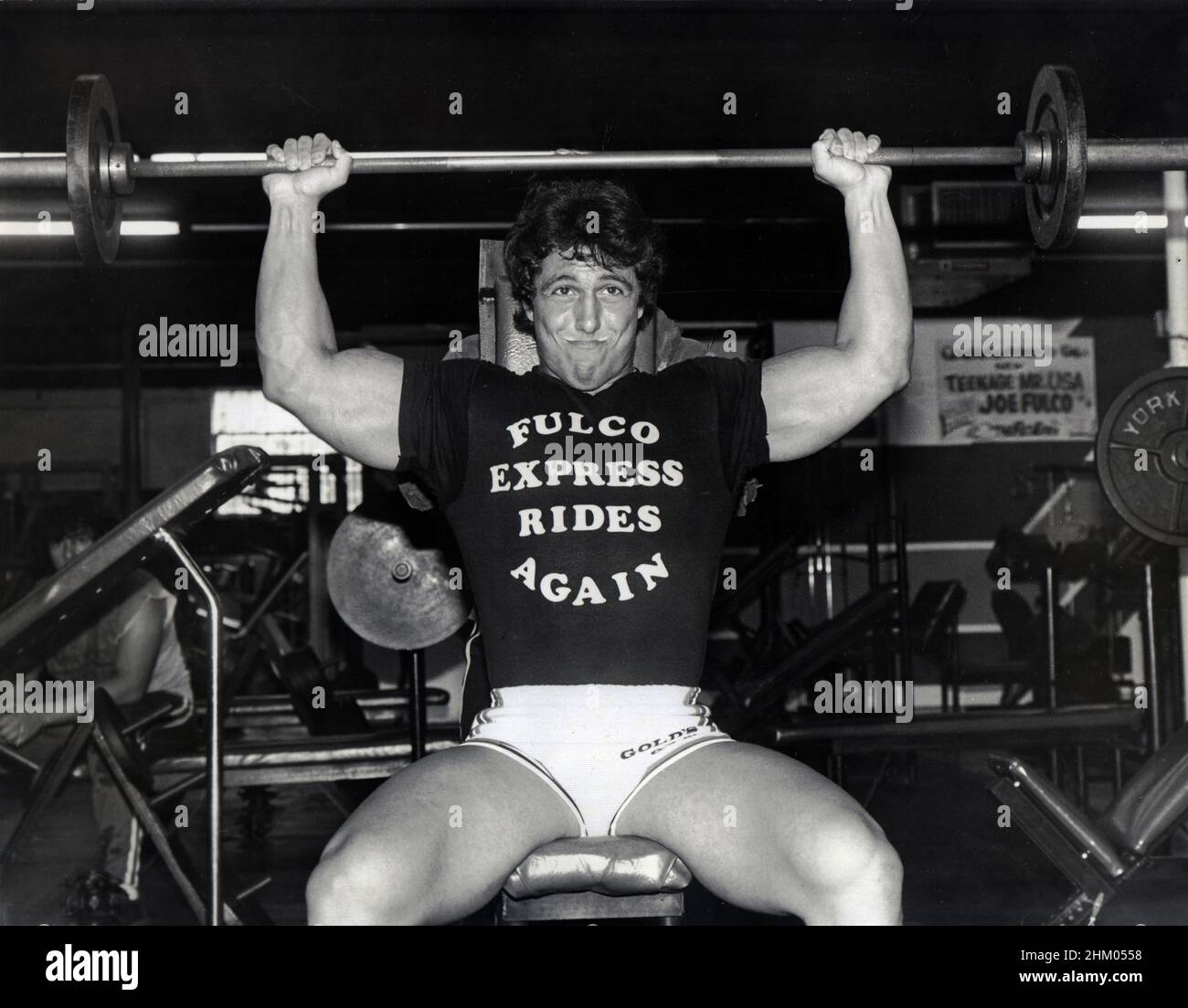 19 year old bodybuilder Joe Fulco trains in a gym after winning the 1979 Teenage Mr. USA contest. Stock Photo