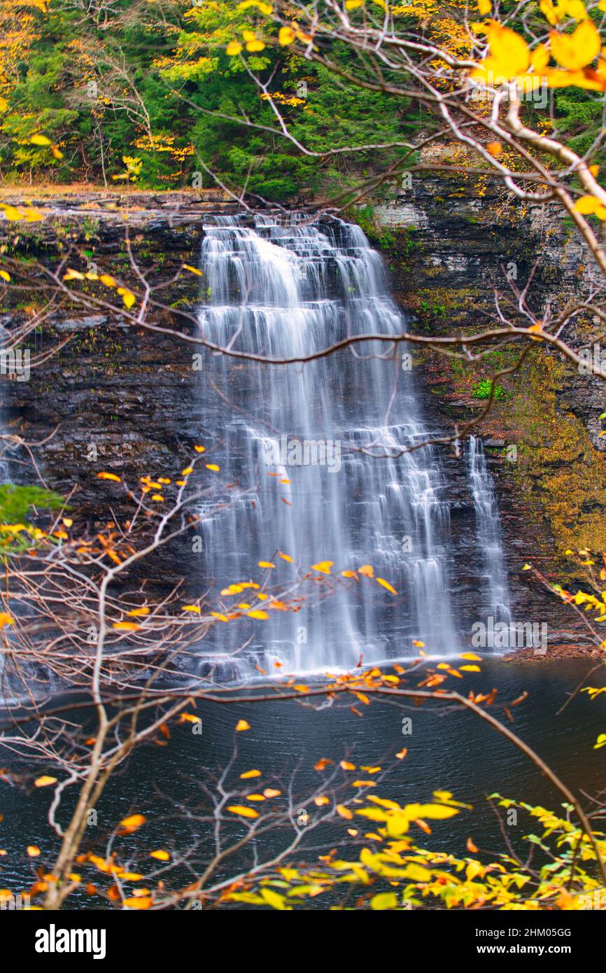 Vertical view of the Salmon River Falls on the autumn in Oswego, New
