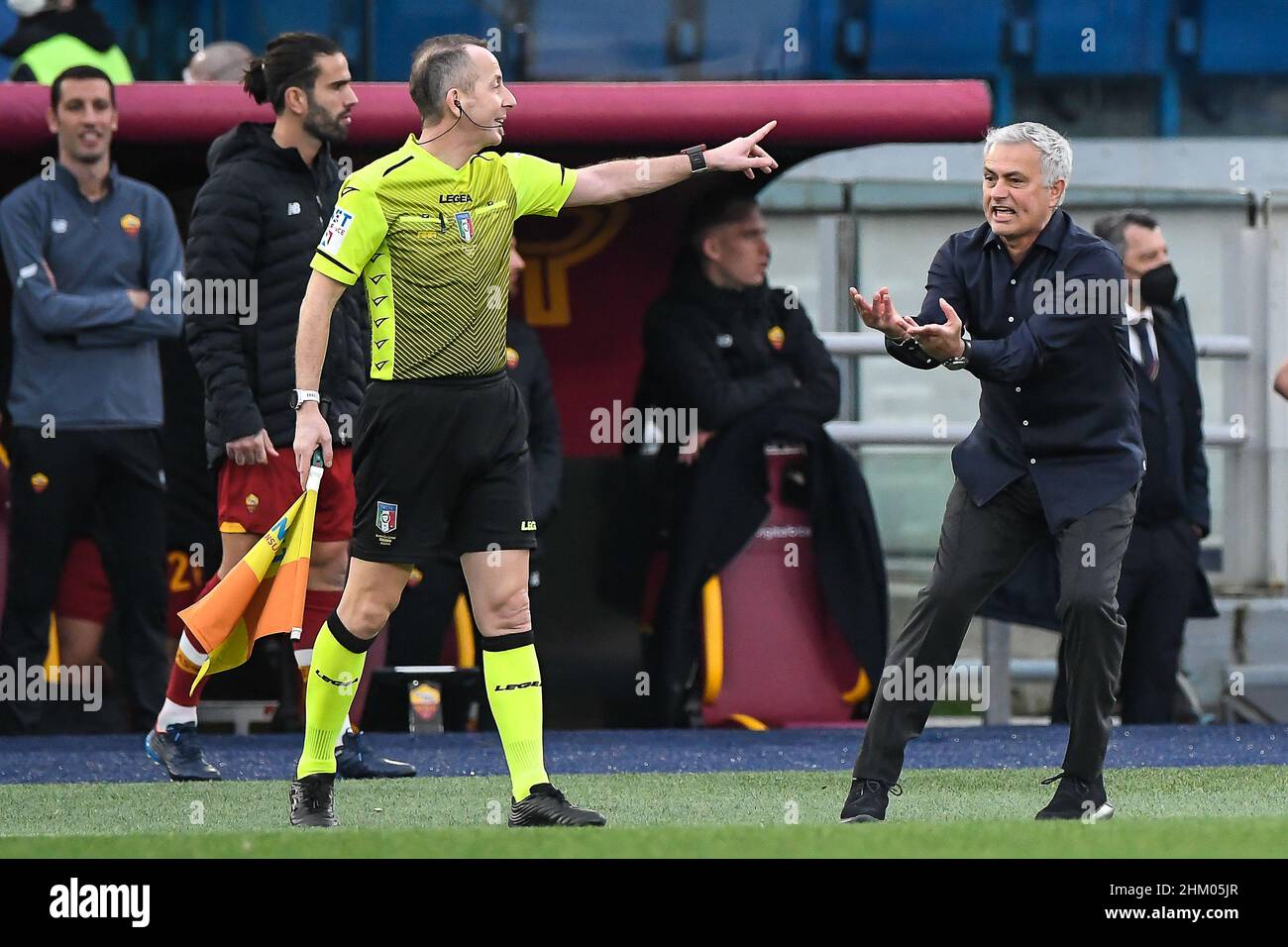 Johan Vasquez of Genoa CFC and Nicolò Zaniolo of AS Roma during football  Serie A Match at Stadio Olimpico, As Roma v Genoa on February 5, 2022 in  Rome, Italy. (Photo by