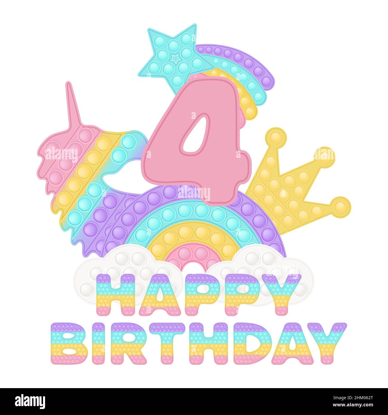 Happy 4th Birthday four years pop it topper or sublimation print for t-shirt in style a fashionable silicone toy for fidgets. Pink number, unicorn, cr Stock Vector