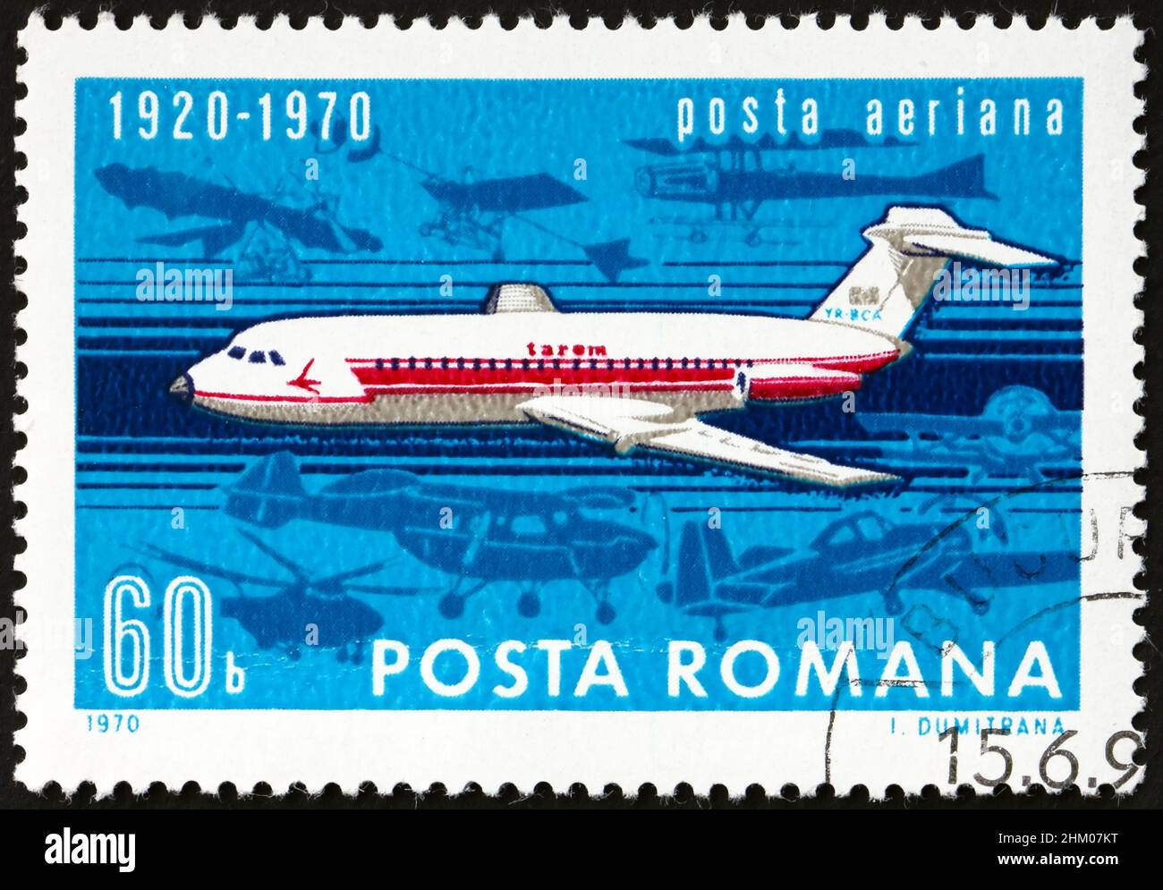 ROMANIA - CIRCA 1970: a stamp printed in Romania shows BAC 1-11, was an early jet airliner, 50th anniversary of Romanian civil aviation, circa 1970 Stock Photo