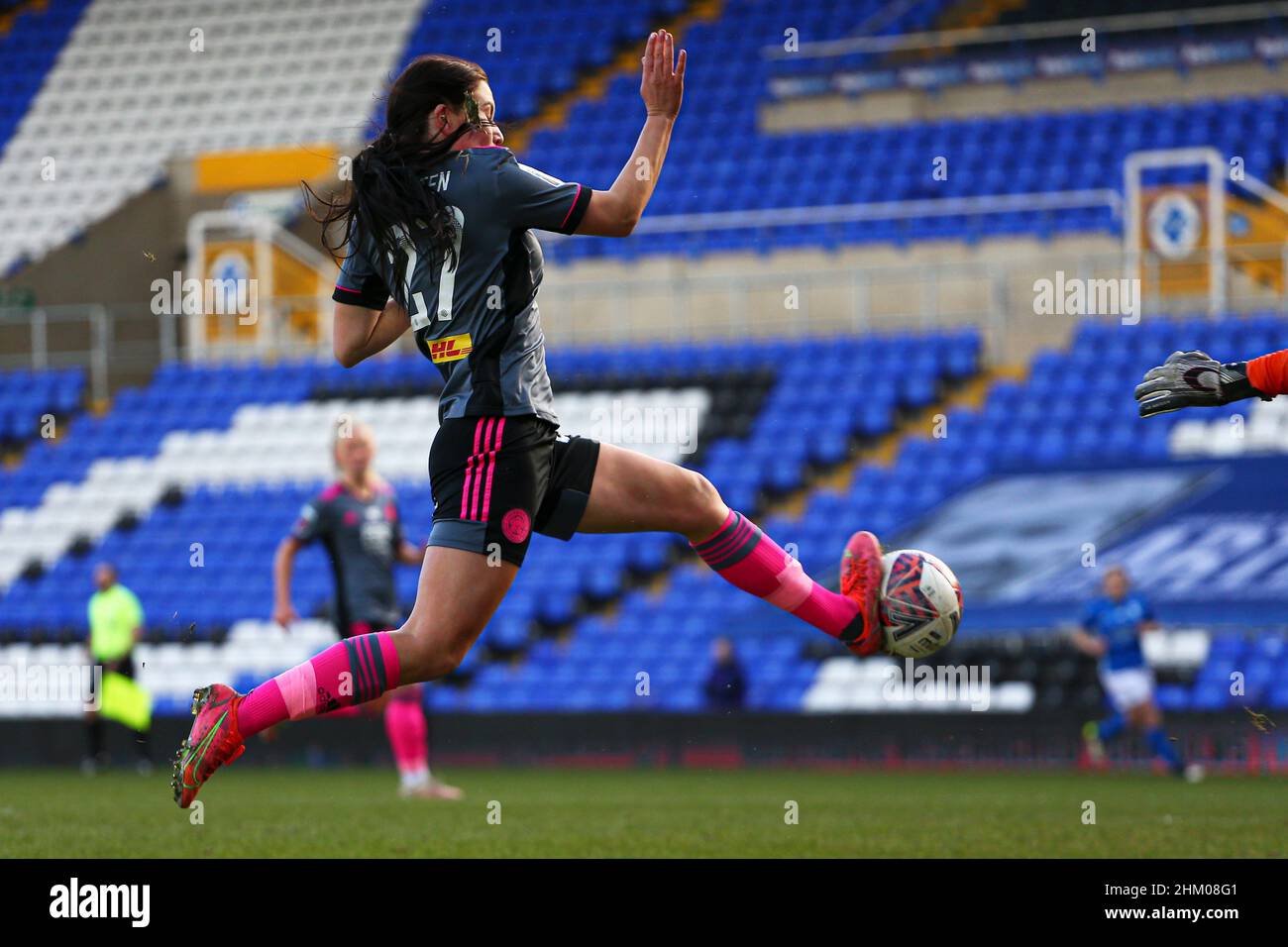 BIRMINGHAM, UK. FEB 6TH Shannon O'Brien of Leicester City blocks the ball as Birmingham City goalkeeper, Emily Ramsey, attempts to clear her lines during the Barclays FA Women's Super League match between Birmingham City and Leicester City at St Andrews, Birmingham on Sunday 6th February 2022. (Credit: Kieran Riley | MI News) Credit: MI News & Sport /Alamy Live News Stock Photo