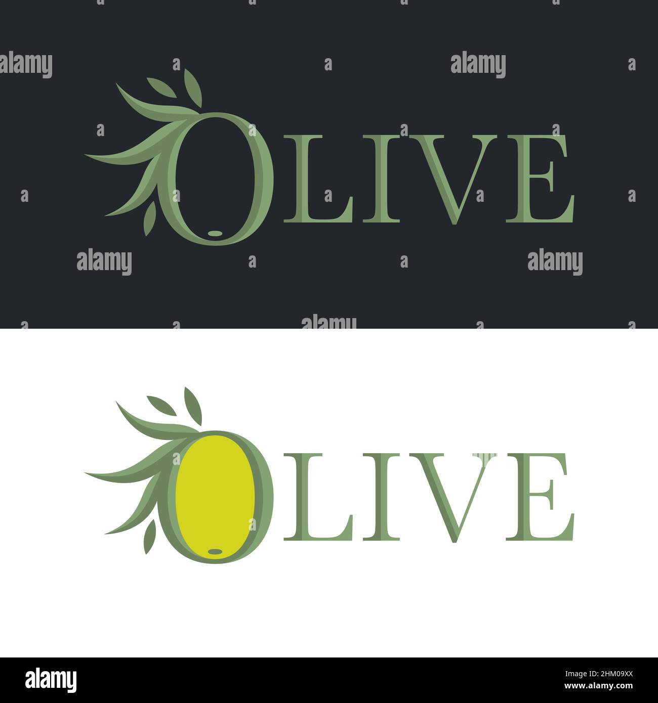 Olive logo two options for olive oil label. Abstract letter O in the shape of an olive Stock Vector