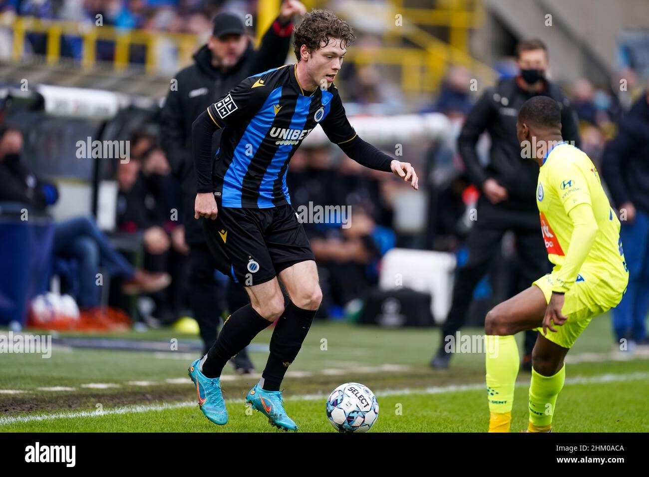 BRUGES, BELGIUM - FEBRUARY 6: Andreas Skov Olsen of Club Brugge during the  Jupiler Pro League match between Club Brugge and KAA Gent at the Jan  Breydelstadion on February 6, 2022 in