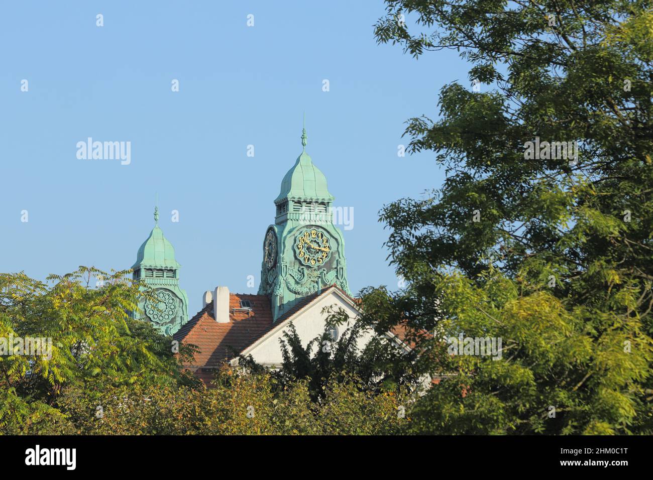 View of the spiers of the Sprudelhof in Bad Nauheim, Hesse, Germany Stock Photo