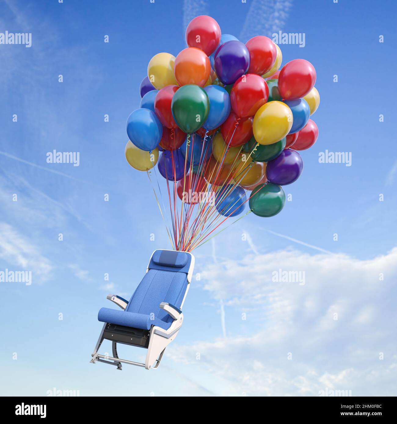 Aircraft seat flying on a bunch of balloons. Happy and safe airplane travel, free flight as a gift concept. 3d illustration Stock Photo