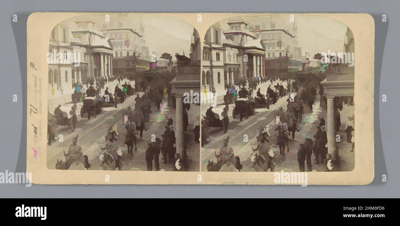 Art inspired by Troops riding down Adderly Street, Cape Town, on their way to the front, South African Light Horse, coming down Adderly St. to entrain for the front, Cape Town, publisher: Underwood and Underwood, Kaapstad, publisher: New York (city), 1900, cardboard, paper, albumen, Classic works modernized by Artotop with a splash of modernity. Shapes, color and value, eye-catching visual impact on art. Emotions through freedom of artworks in a contemporary way. A timeless message pursuing a wildly creative new direction. Artists turning to the digital medium and creating the Artotop NFT Stock Photo