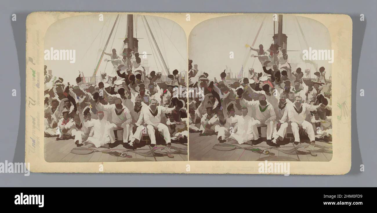 Art inspired by British Marines on HMS Niobe cheering news from the front, Cape Town, Marines of H.M.S. Niobe cheering news from the front, Cape Town, South Africa, publisher: Underwood and Underwood, Kaapstad, publisher: New York (city), 1900, cardboard, paper, albumen print, height 87, Classic works modernized by Artotop with a splash of modernity. Shapes, color and value, eye-catching visual impact on art. Emotions through freedom of artworks in a contemporary way. A timeless message pursuing a wildly creative new direction. Artists turning to the digital medium and creating the Artotop NFT Stock Photo