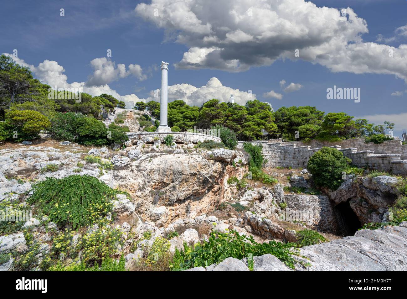 Santa Maria di Leuca, Puglia, Italy. August2021. The artificial waterfall fed with sea water is activated on the occasion of holidays. Stock Photo