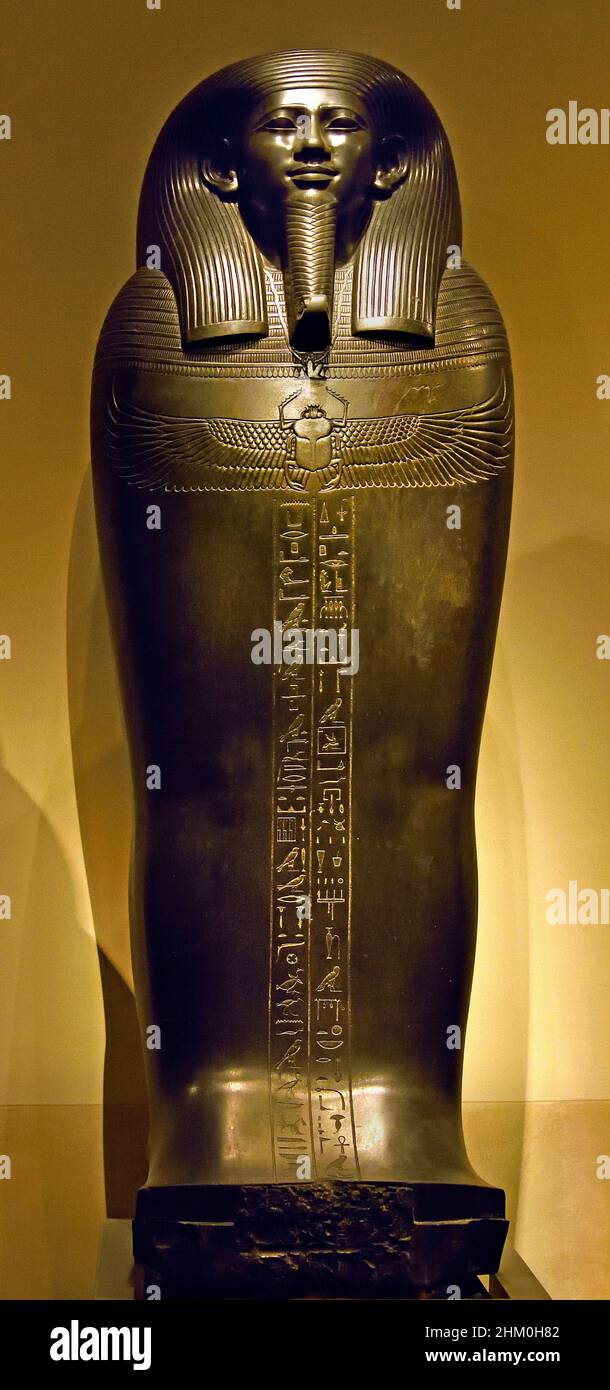 Statuary Sarcophagus of Gemenefherbak Dynasty XXVI ( 664 - 525 BC ) Sais ( in the Delta )  Egypt (Museo Egizio di Torino Italy) greywacke sarcophagus of Vizier Gemenefherbak - late Period, 26th Dynasty (664-525BC). Stock Photo