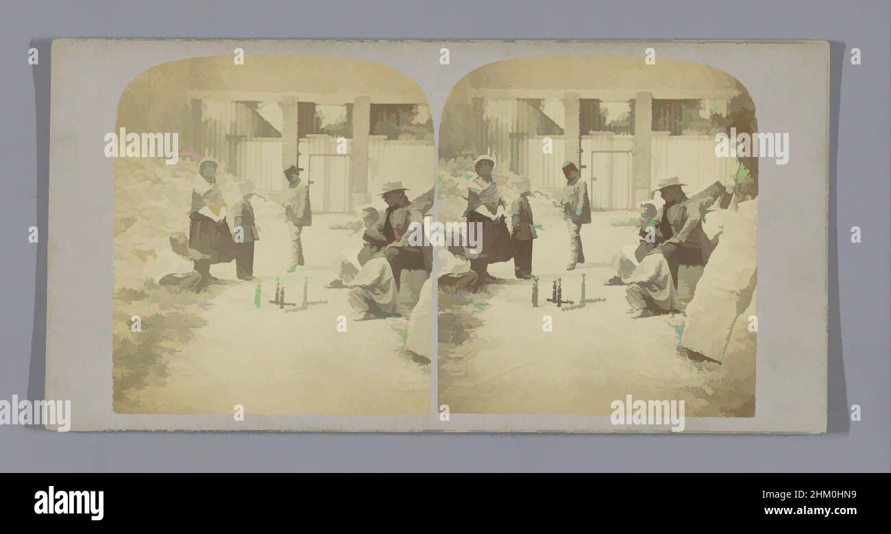 Art inspired by Company playing a game of skittles in the street, Europe, c. 1850 - 1880, cardboard, albumen print, height 85 mm × width 170 mm, Classic works modernized by Artotop with a splash of modernity. Shapes, color and value, eye-catching visual impact on art. Emotions through freedom of artworks in a contemporary way. A timeless message pursuing a wildly creative new direction. Artists turning to the digital medium and creating the Artotop NFT Stock Photo