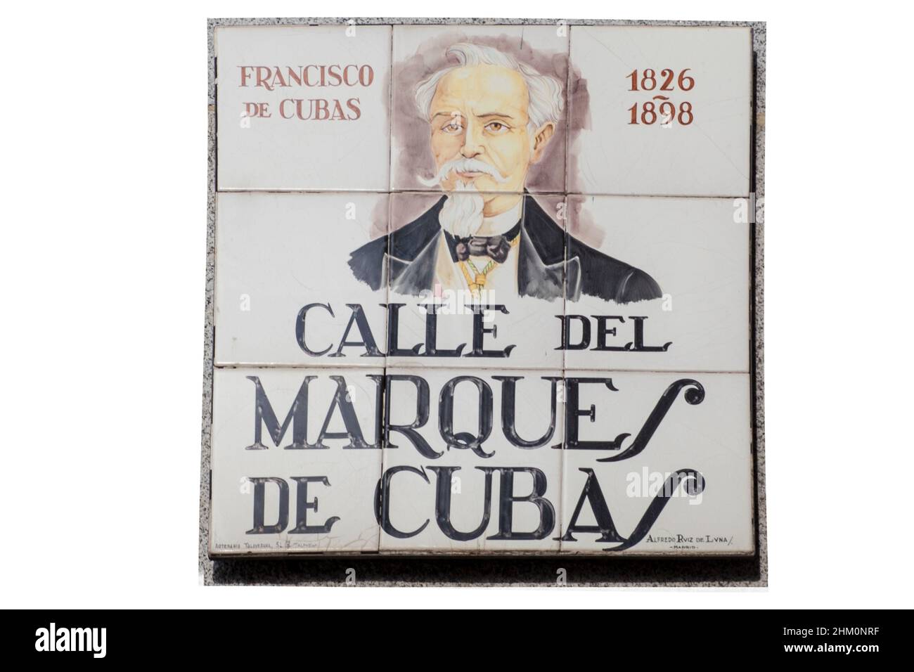 Marquis of Cubas street plaque, Spanish 19th Century architect and politician. Painted by Ruiz de Luna. Madrid, Spain Stock Photo