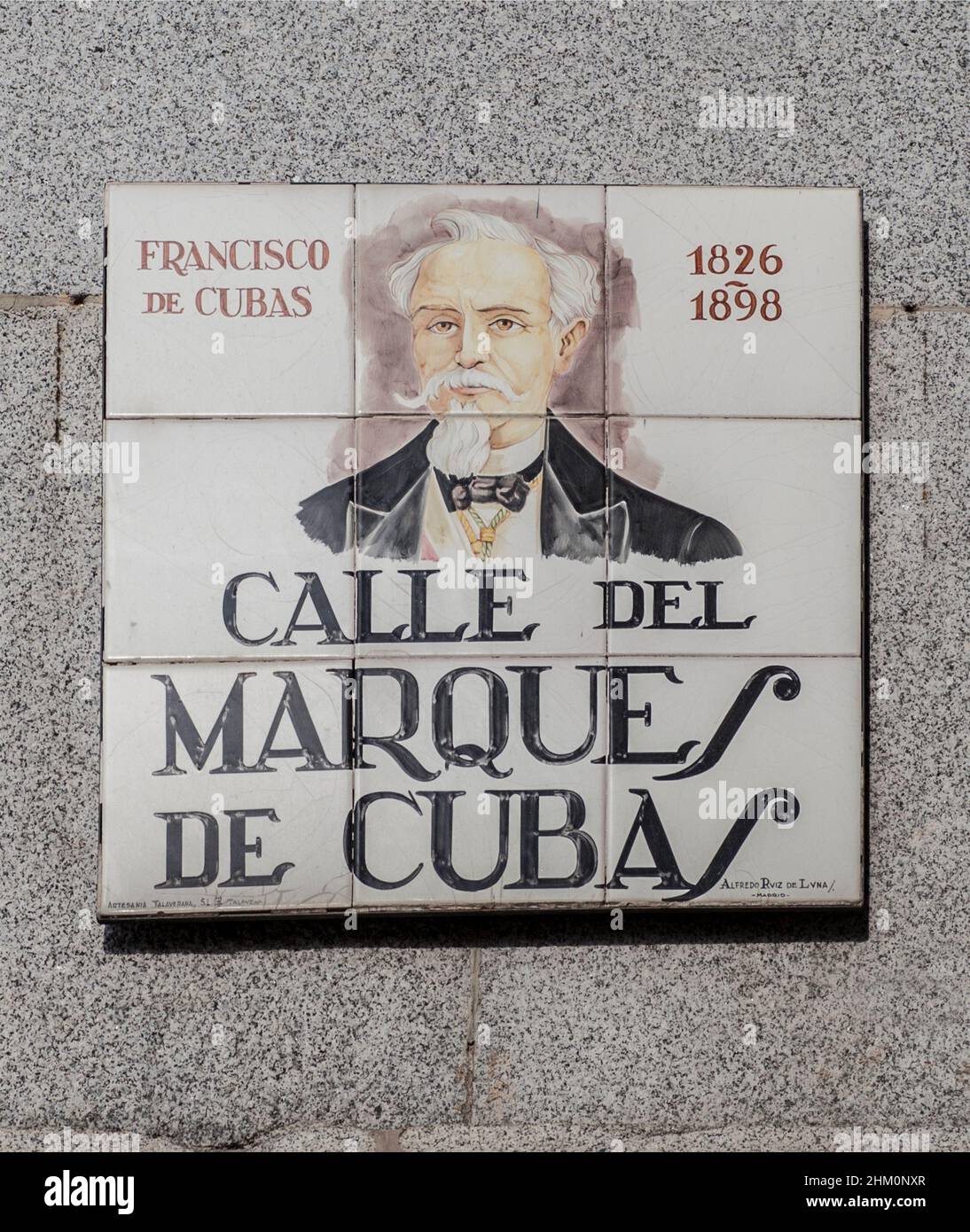 Marquis of Cubas street plaque, Spanish 19th Century architect and politician. Painted by Ruiz de Luna. Madrid, Spain Stock Photo