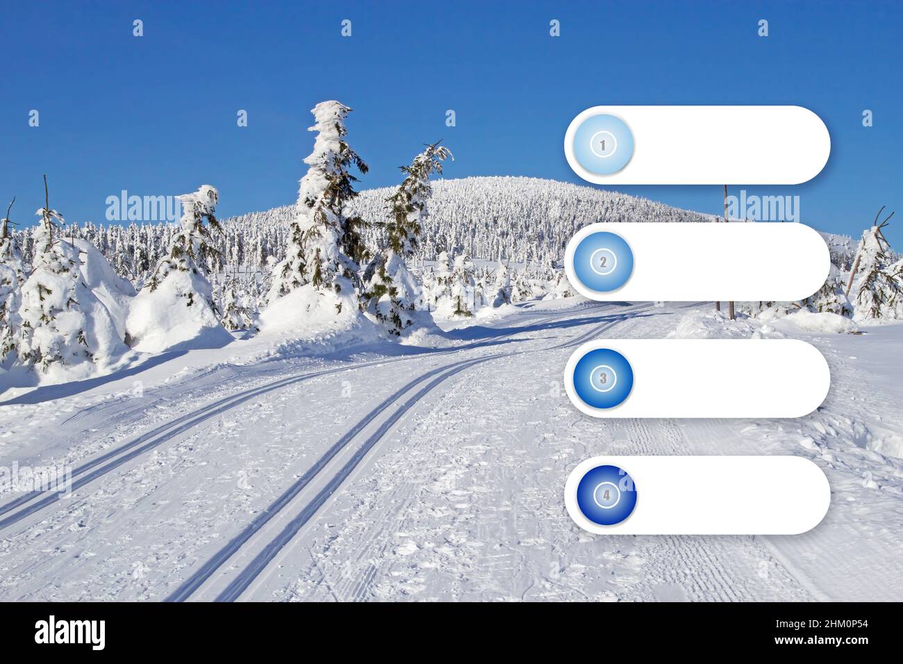 Snowy mountain landscape scenery with cross country skiing way and ...