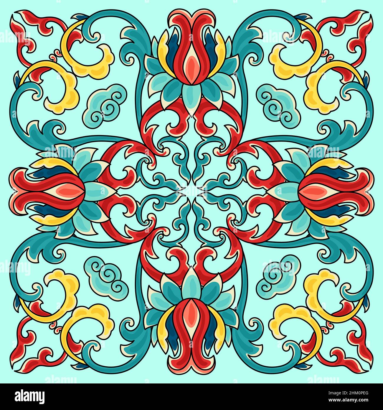 Chinese ceramic tile pattern. Oriental traditional floral ornament