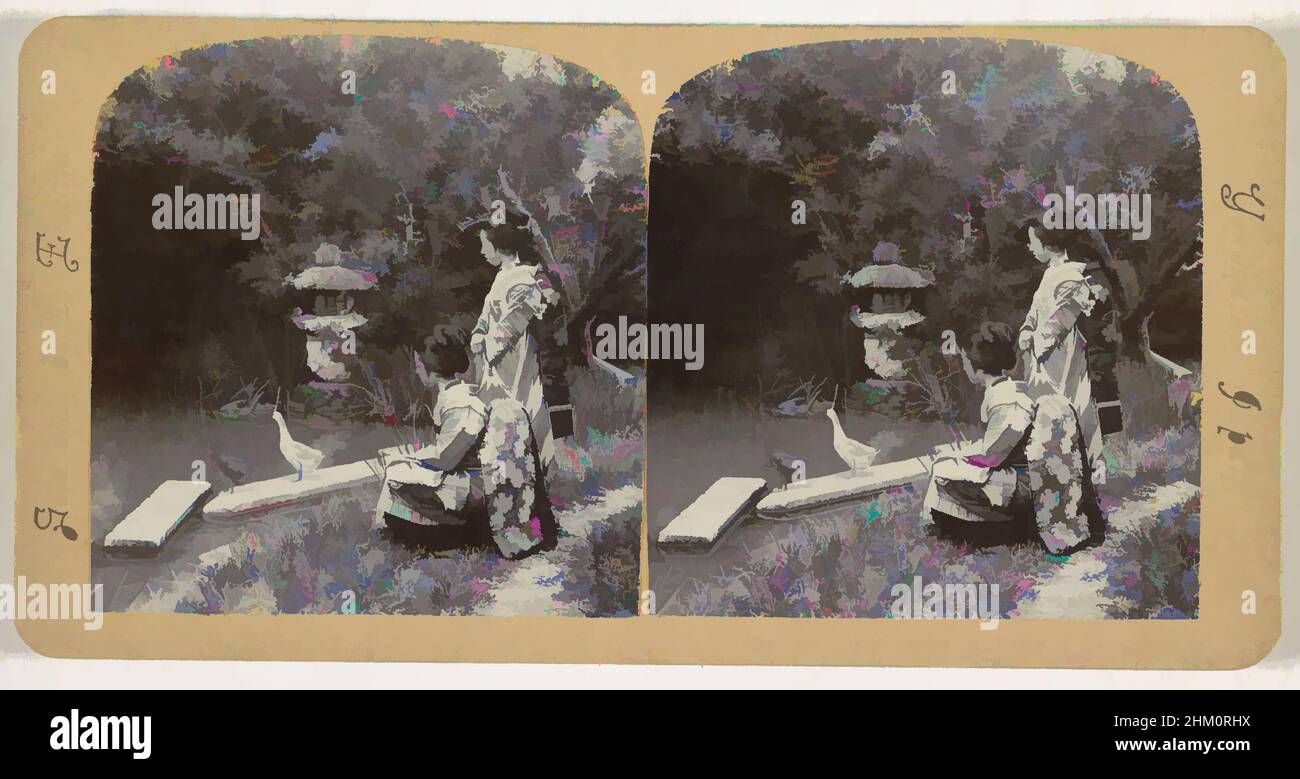 Art inspired by Two Japanese girls in a garden in Kyoto, The Tea House Garden at Kyoto, T. Enami, publisher: T. Enami, Kyoto, publisher: Yokohama, 1900 - 1907, cardboard, baryta paper, height 90 mm × width 178 mm, Classic works modernized by Artotop with a splash of modernity. Shapes, color and value, eye-catching visual impact on art. Emotions through freedom of artworks in a contemporary way. A timeless message pursuing a wildly creative new direction. Artists turning to the digital medium and creating the Artotop NFT Stock Photo