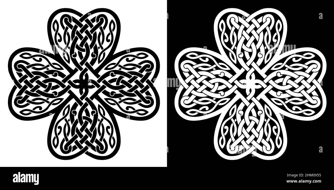 Four-leaf clover shaped knot made of Celtic heart shape knots. Isolated vector illustration Black and white silhouette, celtic style. Stock Vector