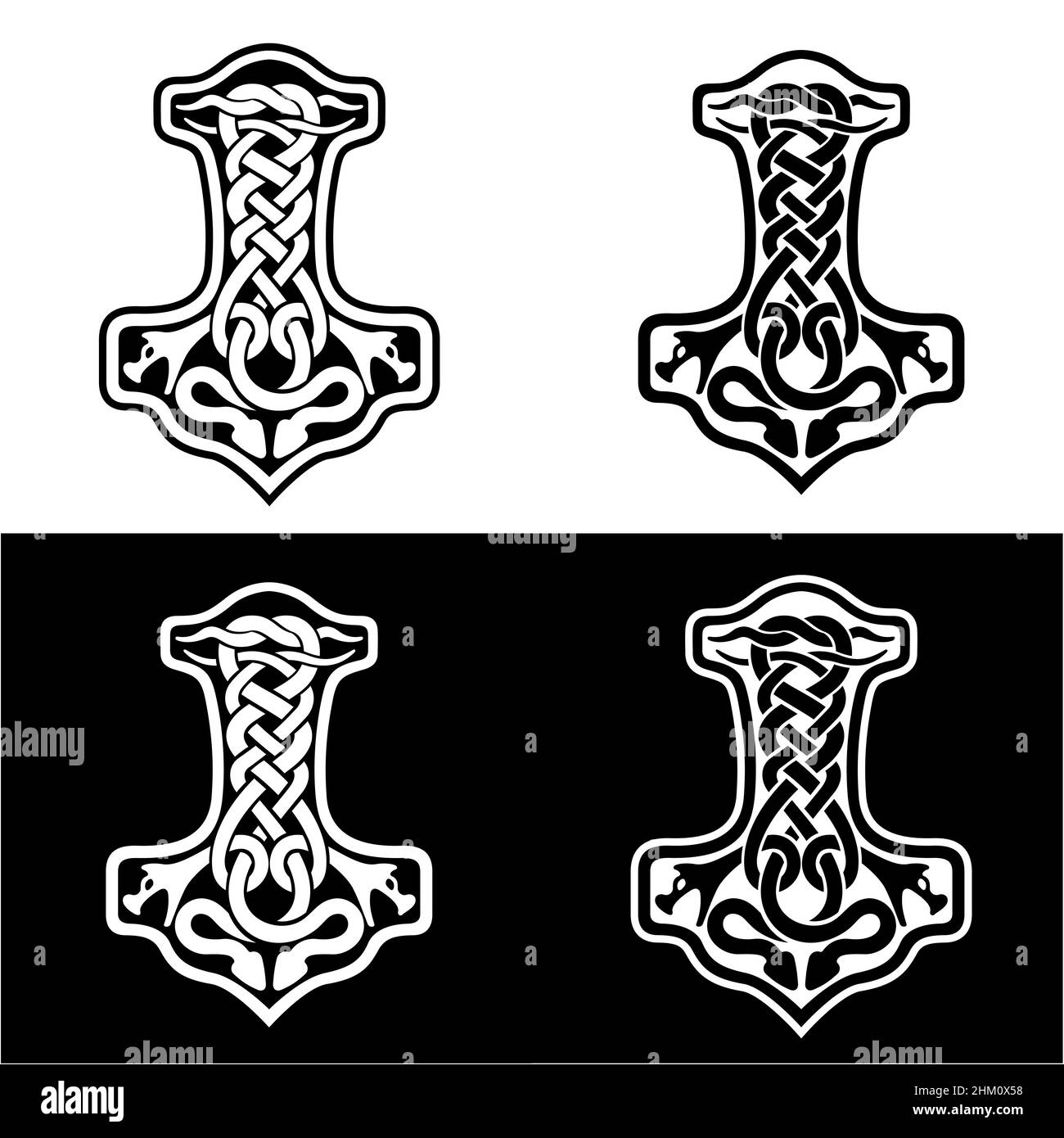 Hammer of Thor Mjolnir Celtic knot, Scandinavian Viking style ornament. Hand drawing set. Isolated vector illustration. Stock Vector