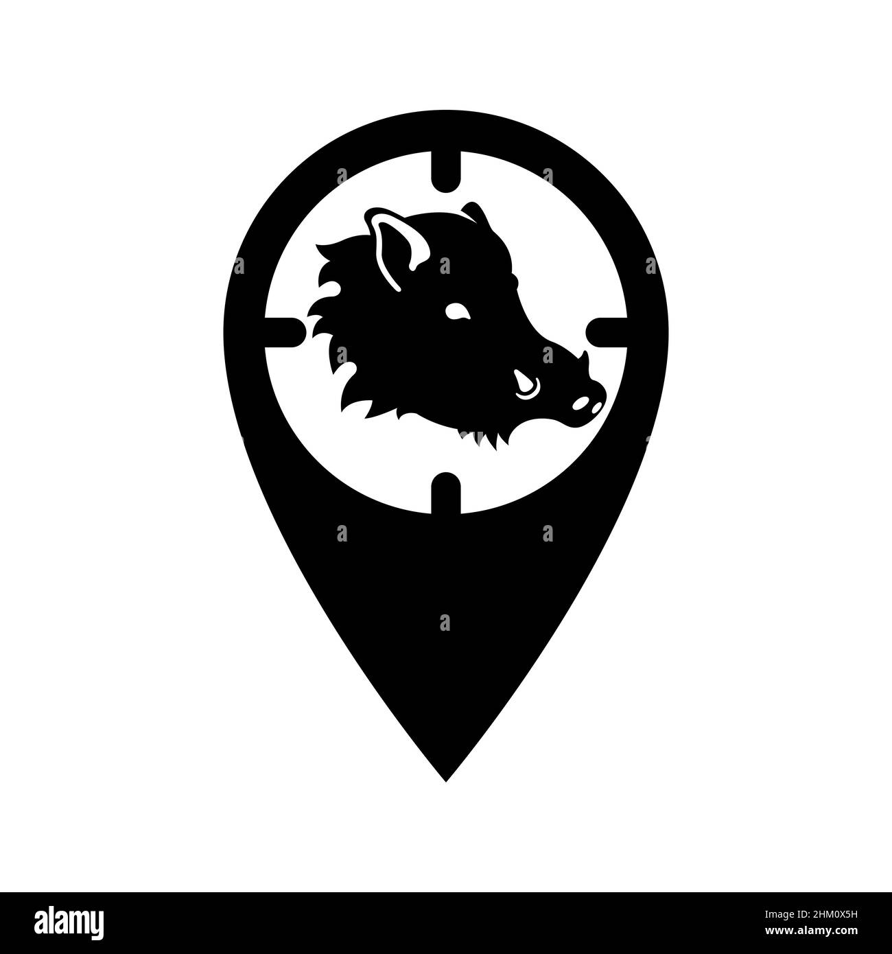 For a hunter, a mark on the map in the form of an optical sight with a silhouette of a boar. Vector icon. GPS tag, places for hunting wild animals. Stock Vector