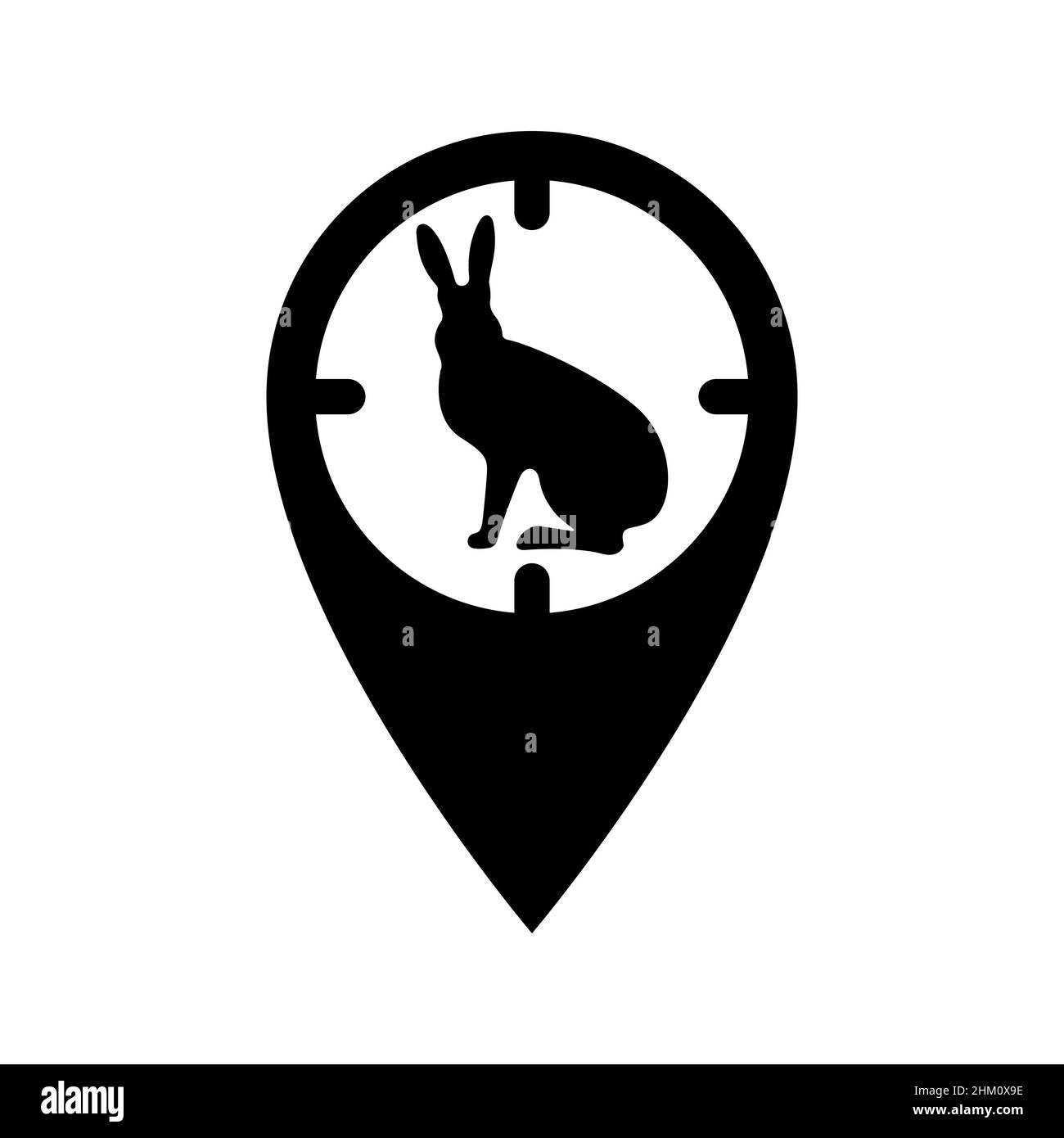 For a hunter, a mark on the map in the form of an optical sight with a silhouette of a hare. Vector icon. GPS tag, places for hunting wild animals. Stock Vector