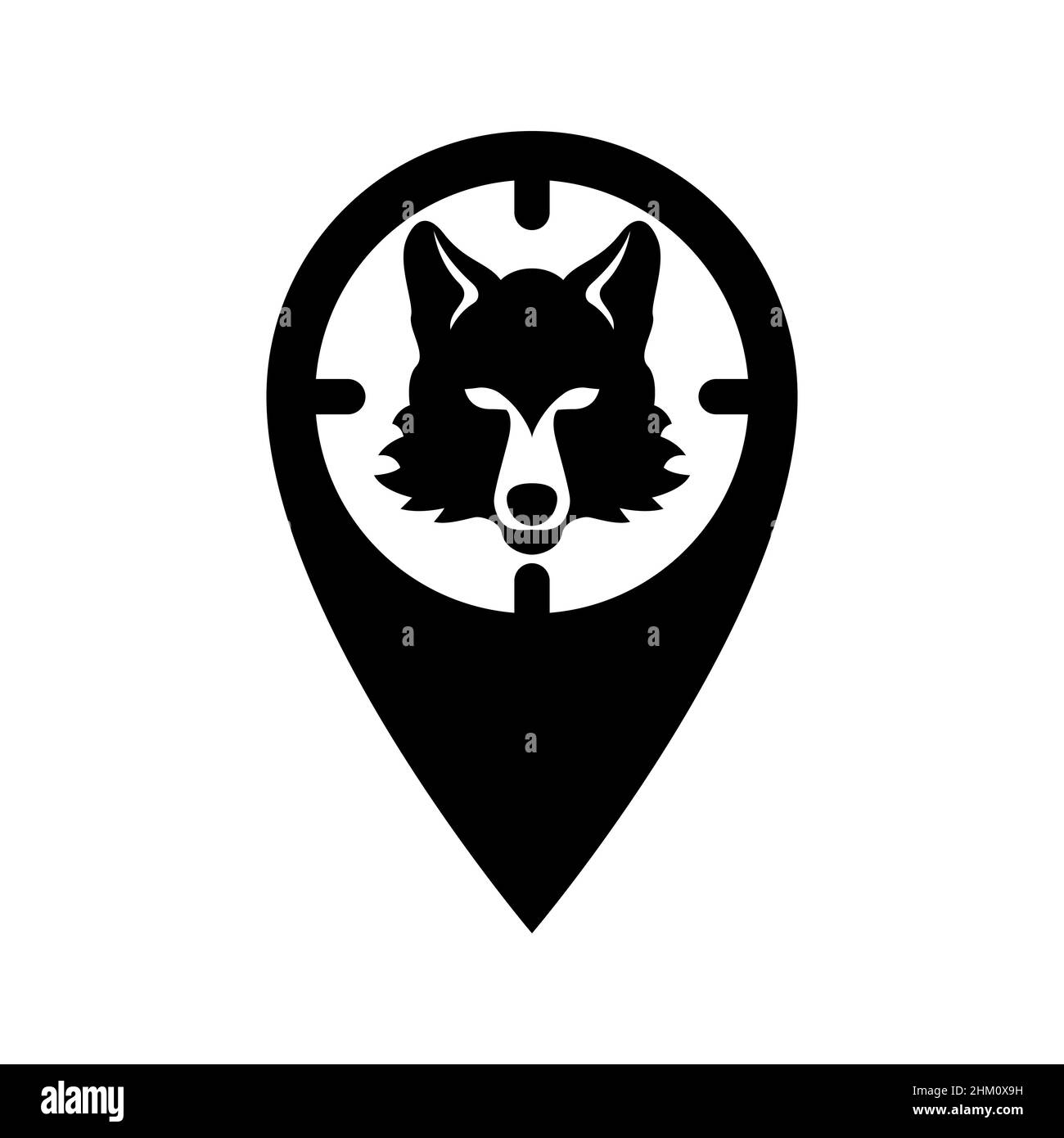 For a hunter, a mark on the map in the form of an optical sight with a silhouette of a wolf. Vector icon. GPS tag, places for hunting wild animals. Stock Vector