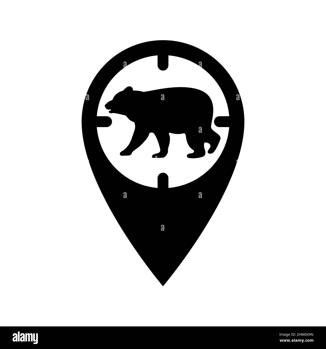 For a hunter, a mark on the map in the form of an optical sight with a silhouette of a bear. Vector icon. GPS tag, places for hunting wild animals. Stock Vector