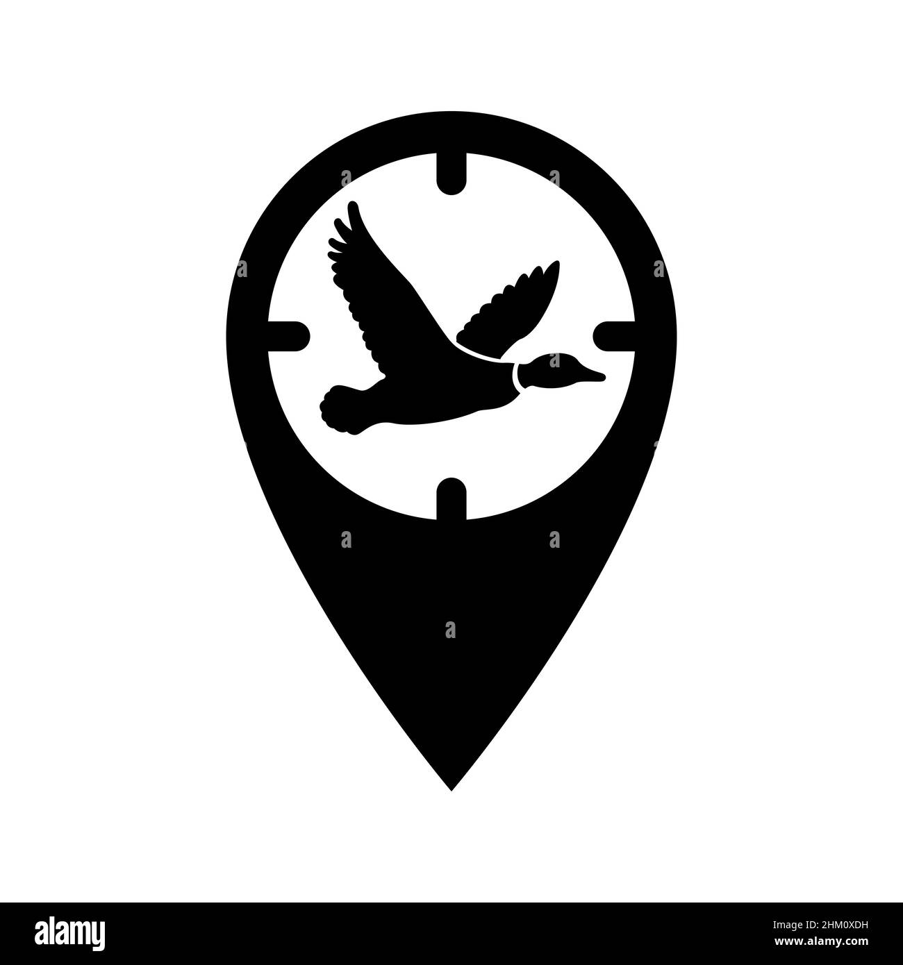 For a hunter, a mark on the map in the form of an optical sight with a silhouette of a duck. Vector icon. GPS tag, places for hunting wild animals. Stock Vector
