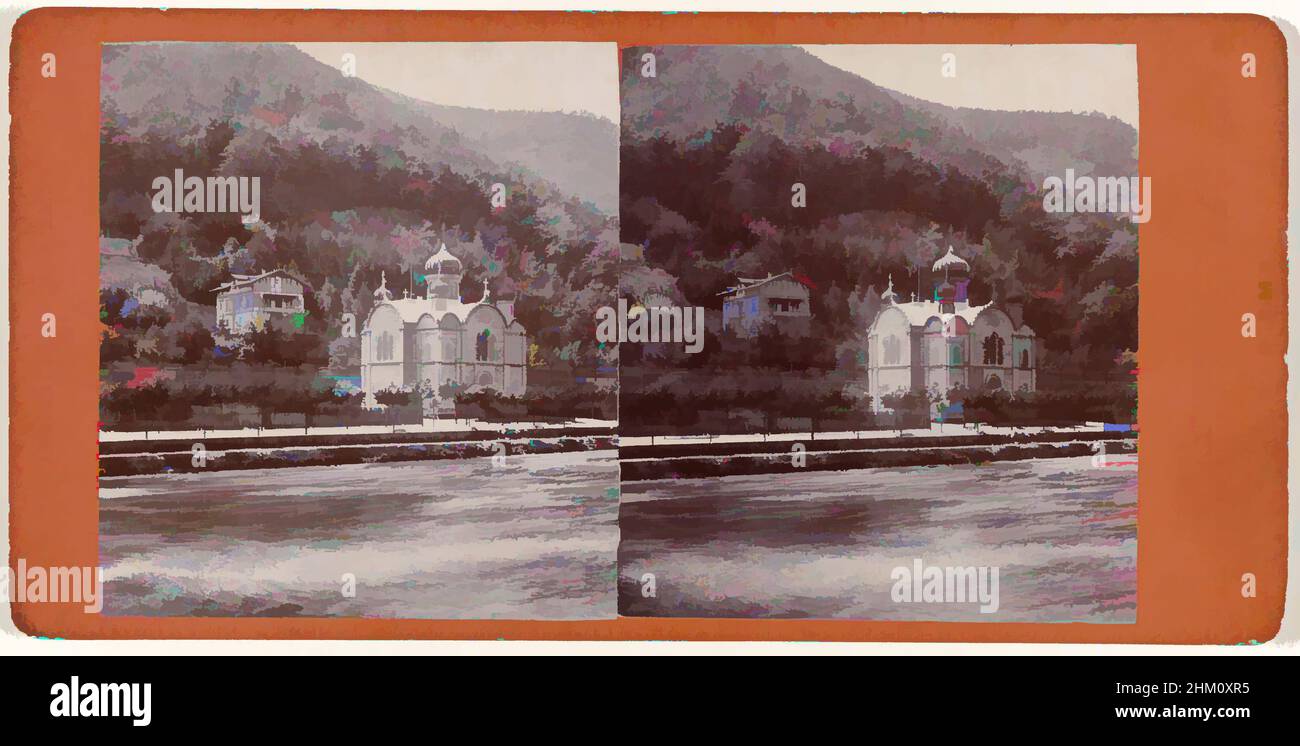Art inspired by Church of St. Alexandra on the bank of the Lahn River in Bad Ems, Germany, Rus.Kapel Ems, Ansichten von Bad Ems, Edmund Risse, Rudolf Wimmer, Bad Ems, 1874, cardboard, photographic support, height 89 mm × width 180 mm, Classic works modernized by Artotop with a splash of modernity. Shapes, color and value, eye-catching visual impact on art. Emotions through freedom of artworks in a contemporary way. A timeless message pursuing a wildly creative new direction. Artists turning to the digital medium and creating the Artotop NFT Stock Photo