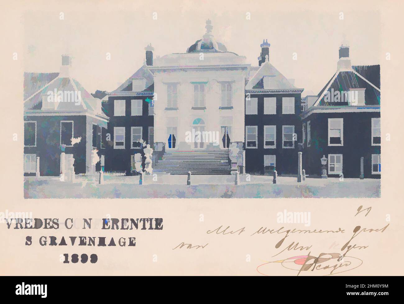 Art inspired by Het huis Ten Bosch - 's Gravenhage, maker:, publisher: A.M. Amiot, The Hague, 17-Jun-1899, cardboard, collotype, writing (processes), height 93 mm × width 137 mm, Classic works modernized by Artotop with a splash of modernity. Shapes, color and value, eye-catching visual impact on art. Emotions through freedom of artworks in a contemporary way. A timeless message pursuing a wildly creative new direction. Artists turning to the digital medium and creating the Artotop NFT Stock Photo