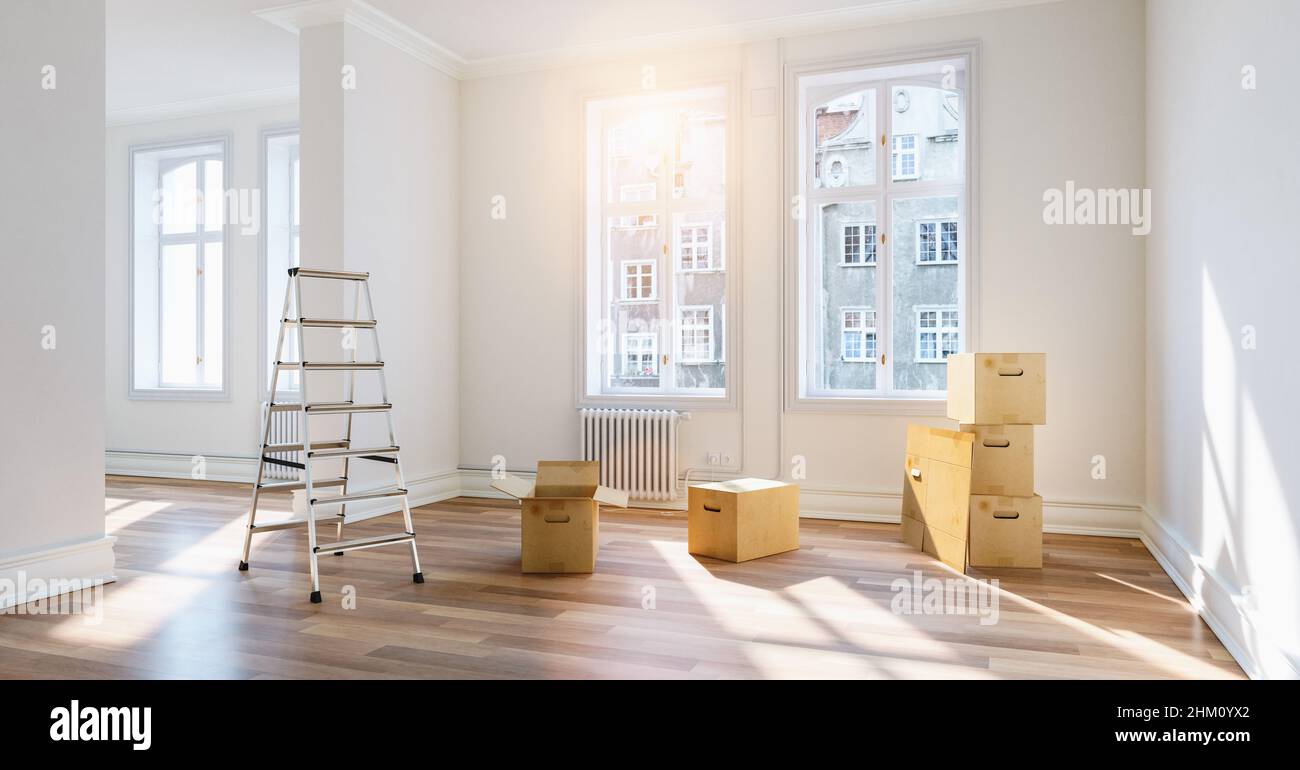 Relocation to a new bright apartment with sunlight in a empty room ...