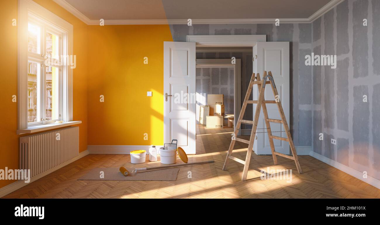 Painting wall yellow in room before and after restoration or
