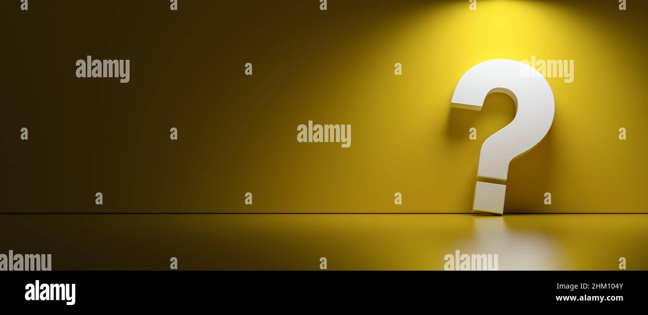 White question mark on dark yellow background with empty copy space on left side, FAQ Concept image Stock Photo