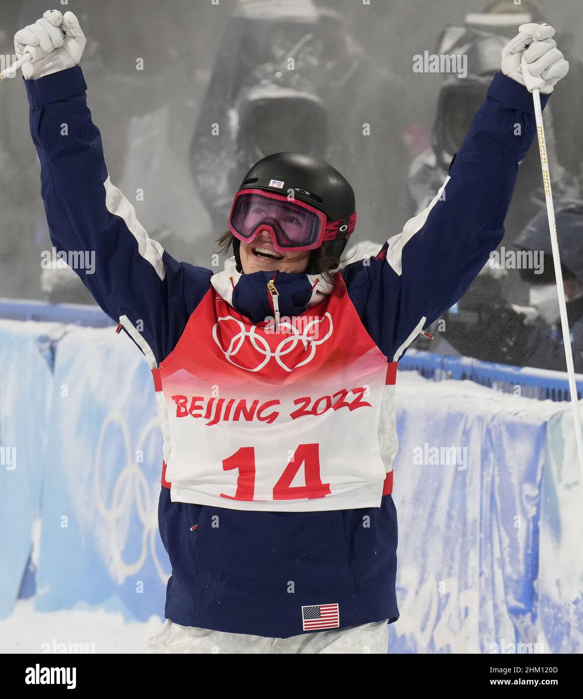 Zhangjiakou, China. 06th Feb, 2022. Jaelin Kauf of the United States reacts after winning the silver medal in the Women's Moguls Freestyle Skiing competition during the 2022 Winter Olympics at Genting Snow Park in Zhangjiakou, China on Sunday, February 6, 2022. Jakara Anthony of Australia won the gold medal and Anastasiia Smirnova of Russia took the bronze. Photo by Bob Strong/UPI Credit: UPI/Alamy Live News Stock Photo