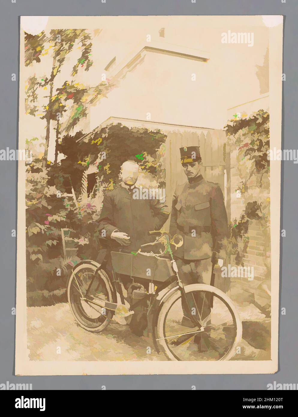 Art inspired by Unknown man and a policeman next to a motorcycle, Zeeland, c. 1903, photographic support, Classic works modernized by Artotop with a splash of modernity. Shapes, color and value, eye-catching visual impact on art. Emotions through freedom of artworks in a contemporary way. A timeless message pursuing a wildly creative new direction. Artists turning to the digital medium and creating the Artotop NFT Stock Photo