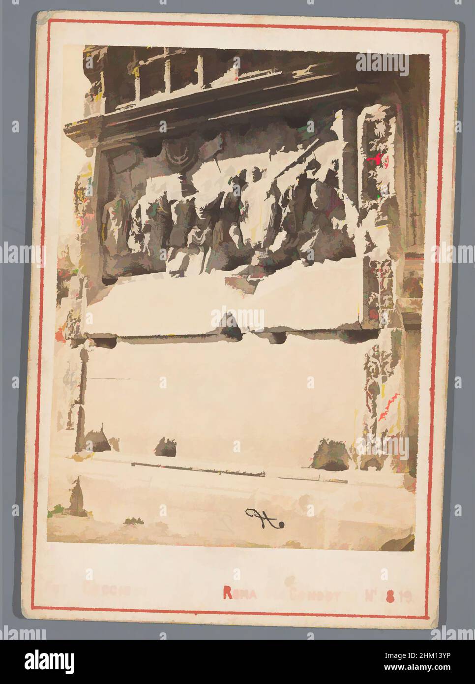 Art inspired by Relief in the Arch of Titus, Rome: war booty from the Temple of Jerusalem, Arc de Triomphe de Titus, Tomasso Cuccioni, Rome, 1855 - 1885, cardboard, paper, albumen print, height 99 mm × width 68 mm, Classic works modernized by Artotop with a splash of modernity. Shapes, color and value, eye-catching visual impact on art. Emotions through freedom of artworks in a contemporary way. A timeless message pursuing a wildly creative new direction. Artists turning to the digital medium and creating the Artotop NFT Stock Photo