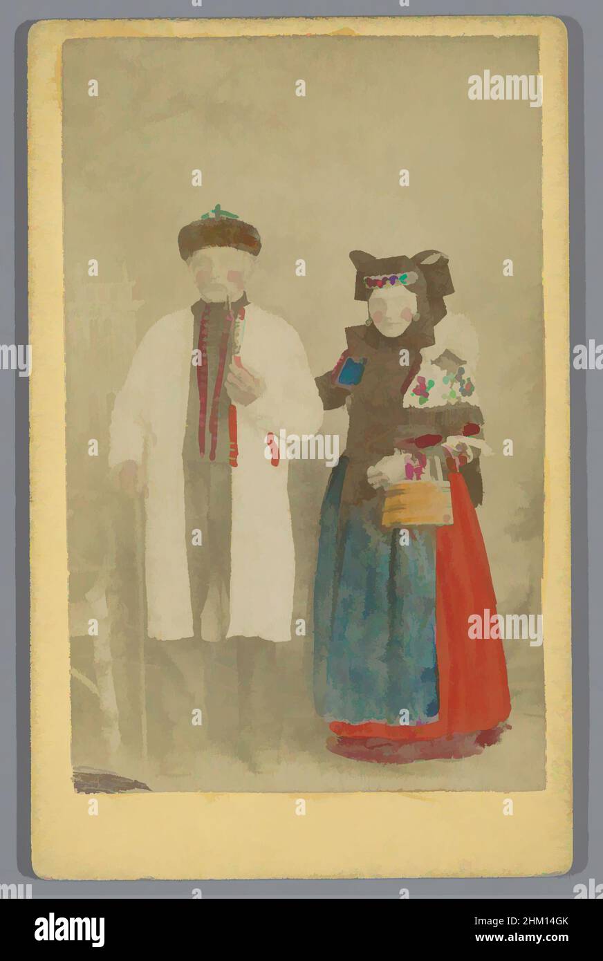 Art inspired by Portrait of an unknown couple in Bückeburger costume, Bückeburger Bauern Ehepaar, Bückeburg, 1854 - 1885, paper, cardboard, albumen print, height 105 mm × width 66 mm, Classic works modernized by Artotop with a splash of modernity. Shapes, color and value, eye-catching visual impact on art. Emotions through freedom of artworks in a contemporary way. A timeless message pursuing a wildly creative new direction. Artists turning to the digital medium and creating the Artotop NFT Stock Photo