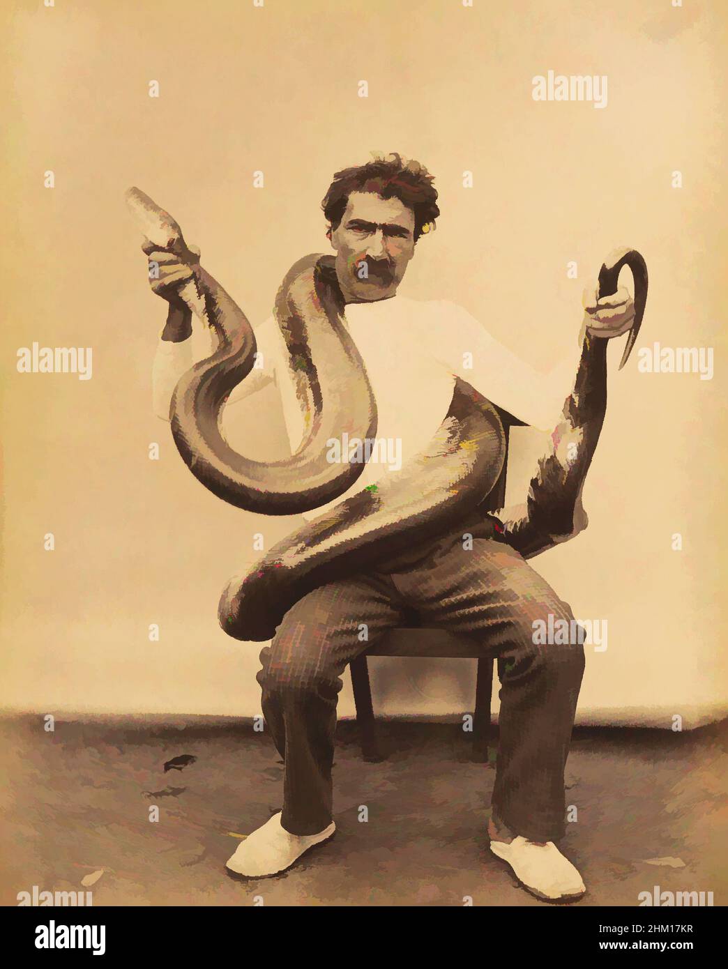 Art inspired by Portrait of an unknown man sitting on a chair with a boa constrictor around his neck, Boa Constrictor No. 236, Zuid-Amerika, 1880 - 1900, paper, cardboard, albumen print, height 275 mm × width 221 mmheight 376 mm × width 296 mm, Classic works modernized by Artotop with a splash of modernity. Shapes, color and value, eye-catching visual impact on art. Emotions through freedom of artworks in a contemporary way. A timeless message pursuing a wildly creative new direction. Artists turning to the digital medium and creating the Artotop NFT Stock Photo