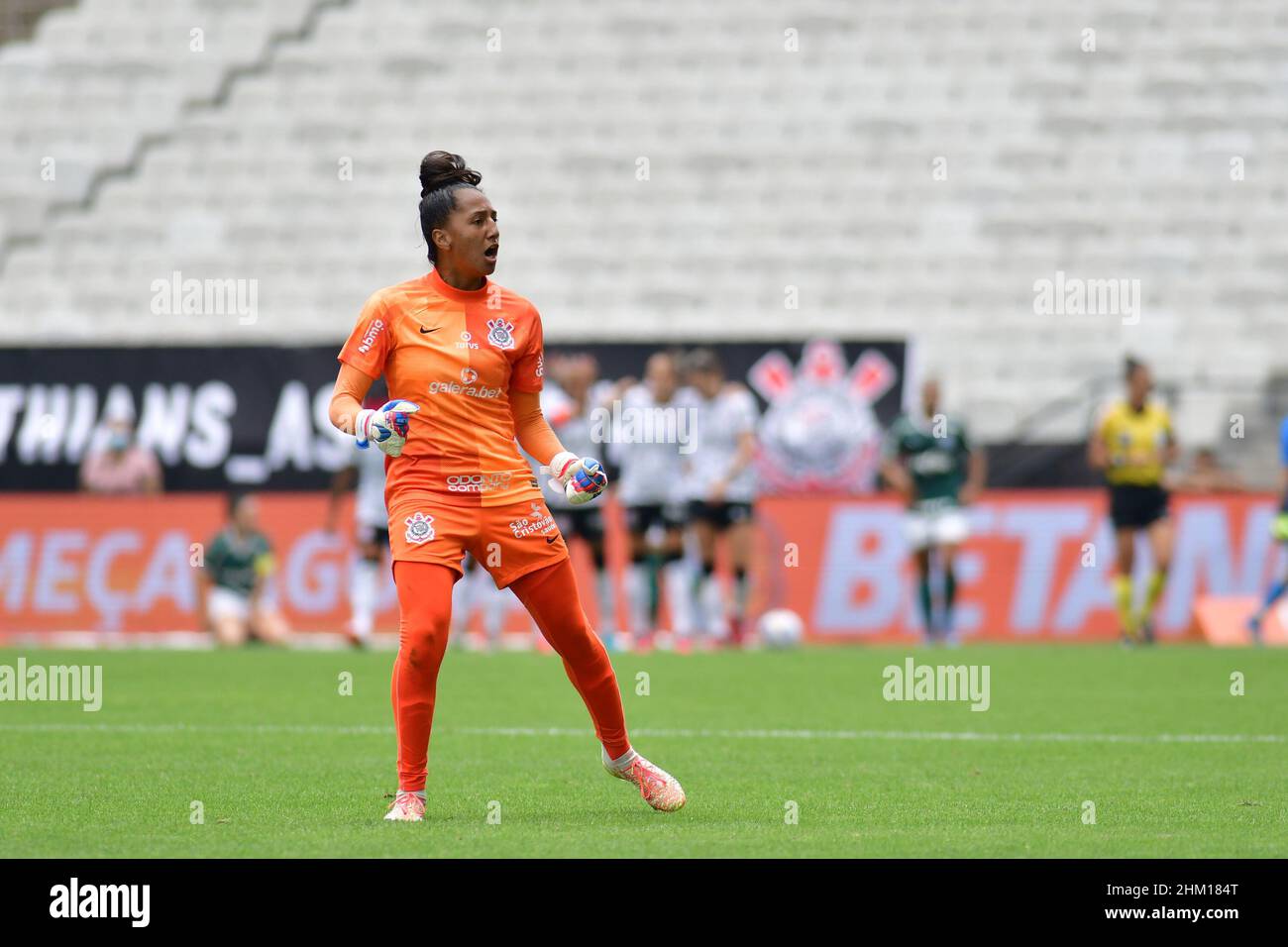 February 6, 2022, Sao Paulo, Sao Paulo/SP, Brazil: SAO PAULO/SP - FEBRUARY 6: TainÃ¡ Borges of Corinthians celebrates after Tamires scoring a goal during the Women's Supercopa do Brasil 2022 match between Corinthians and Palmeiras at Neo Quimica Arena on February 6, 2022 in Sao Paulo, Brazil. (Credit Image: © Leandro Bernardes/PX Imagens via ZUMA Press Wire) Stock Photo