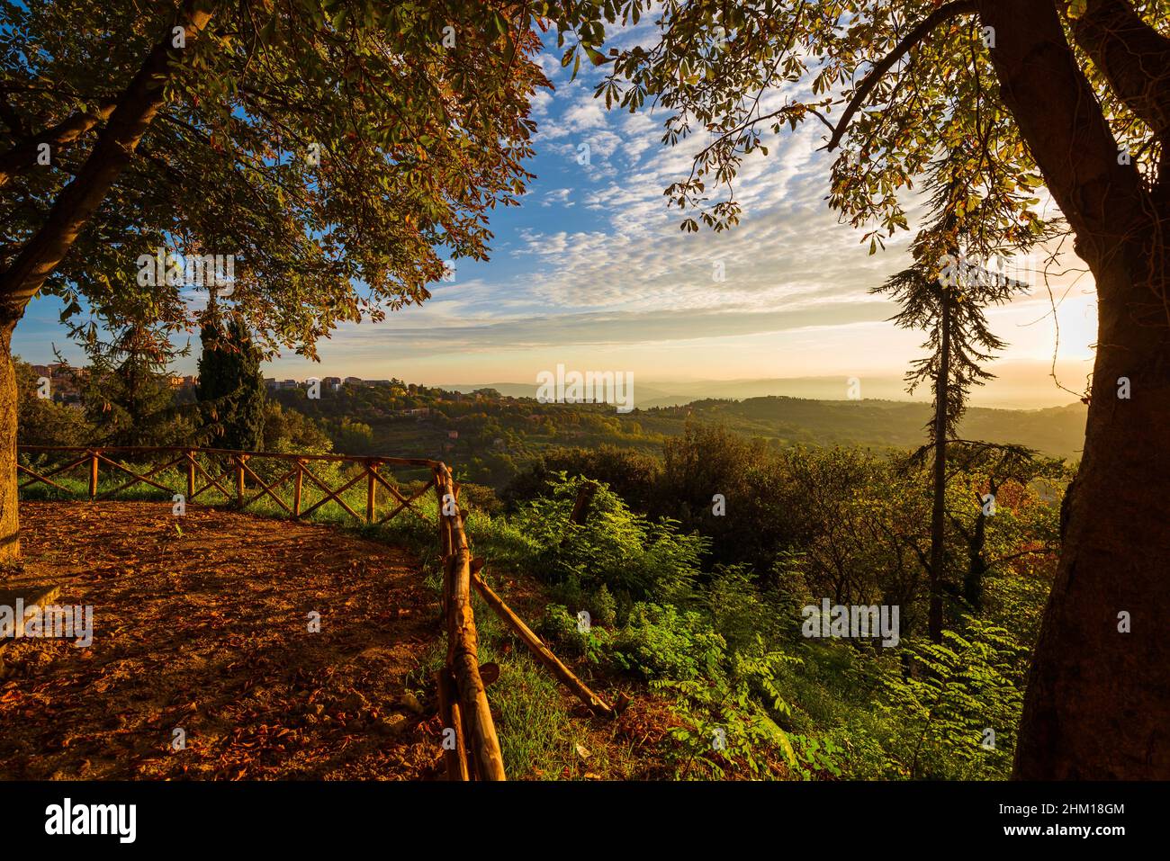 Dawn over Umbria countryside with morning haze, just outside the city of Perugia Stock Photo