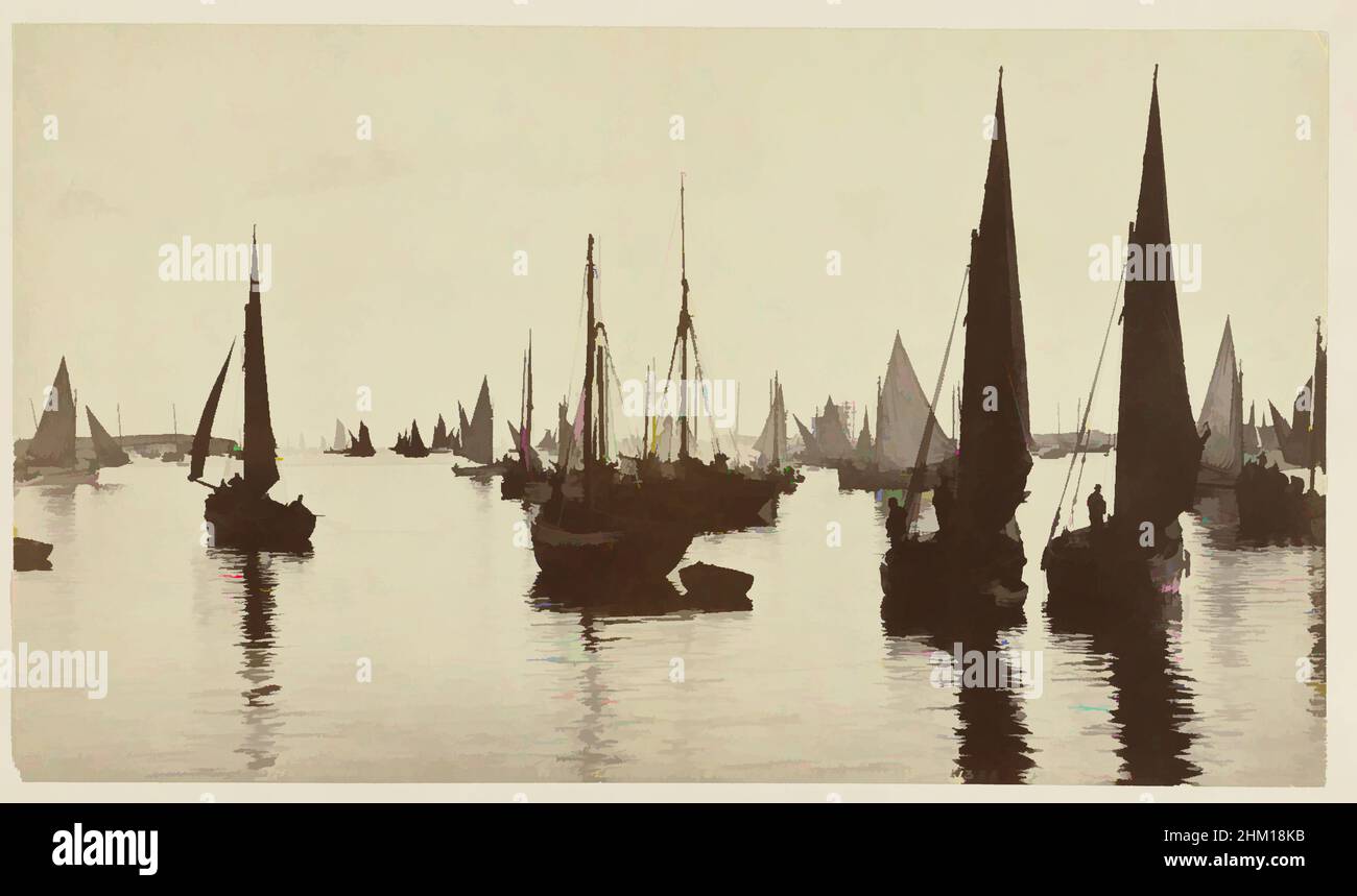 Art inspired by Herring ships at Stornoway on Lewis, The Herring Fleet at Stornoway, Lewis. Going out (evening), James Valentine, Lewis, 1851 - 1880, paper, cardboard, albumen print, height 115 mm × width 200 mmheight 230 mm × width 290 mm, Classic works modernized by Artotop with a splash of modernity. Shapes, color and value, eye-catching visual impact on art. Emotions through freedom of artworks in a contemporary way. A timeless message pursuing a wildly creative new direction. Artists turning to the digital medium and creating the Artotop NFT Stock Photo