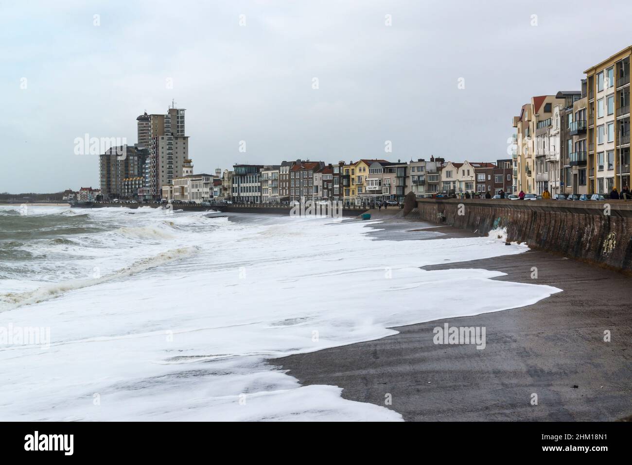 Waves reaching the boulevard of Vlissingen during storm Corrie at high tide. January 31 2022. Walcheren, Zeeland, Netherlands Stock Photo