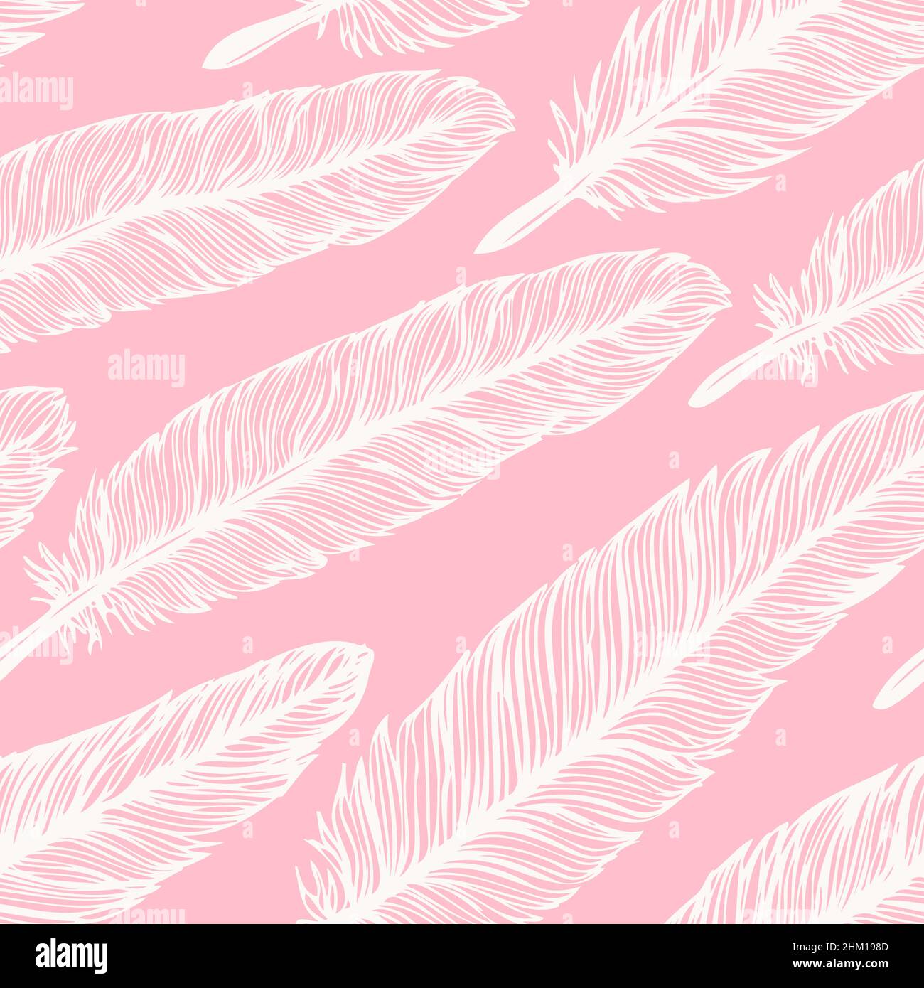 Feather seamless pattern. Hand drawn background with white doodle feathers on pink. Decorative design. Vector Stock Vector