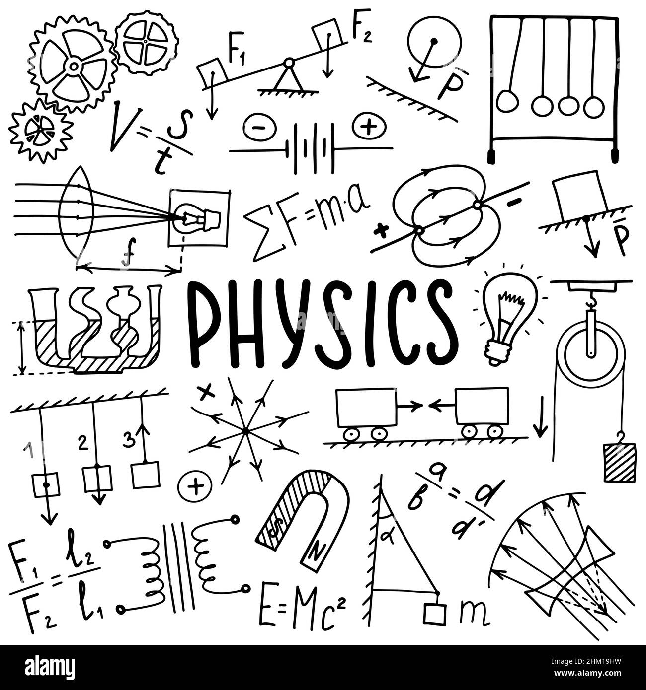 Phisics symbols icon set. Science subject doodle design. Education and study concept. Back to school sketchy background for notebook, not pad Stock Vector