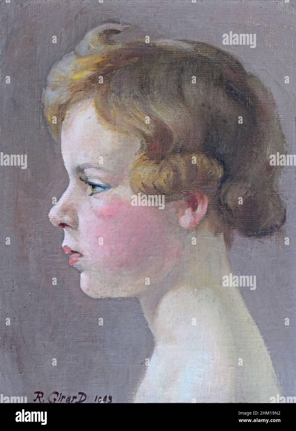 Original oil painting of a girl in profile with blonde hair and rosy
