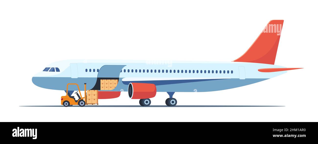Cargo plane, side view. Cargo Transportation by Plane. Loading Luggage Compartment Aircraft. Loader preparing to load the boxes into the luggage compa Stock Vector