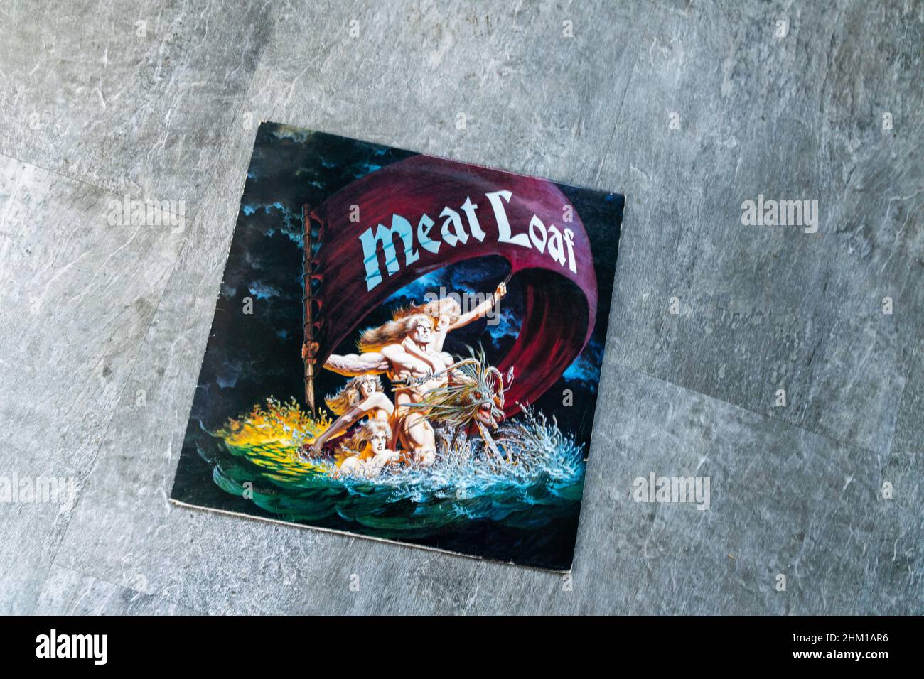 Hull, UK - 6 Feb 2022: Meatloaf Vinyl album cover. Meat loaf is a world famous American singer and actor known for hits such as Bat Out Of Hell. Vinyl Stock Photo