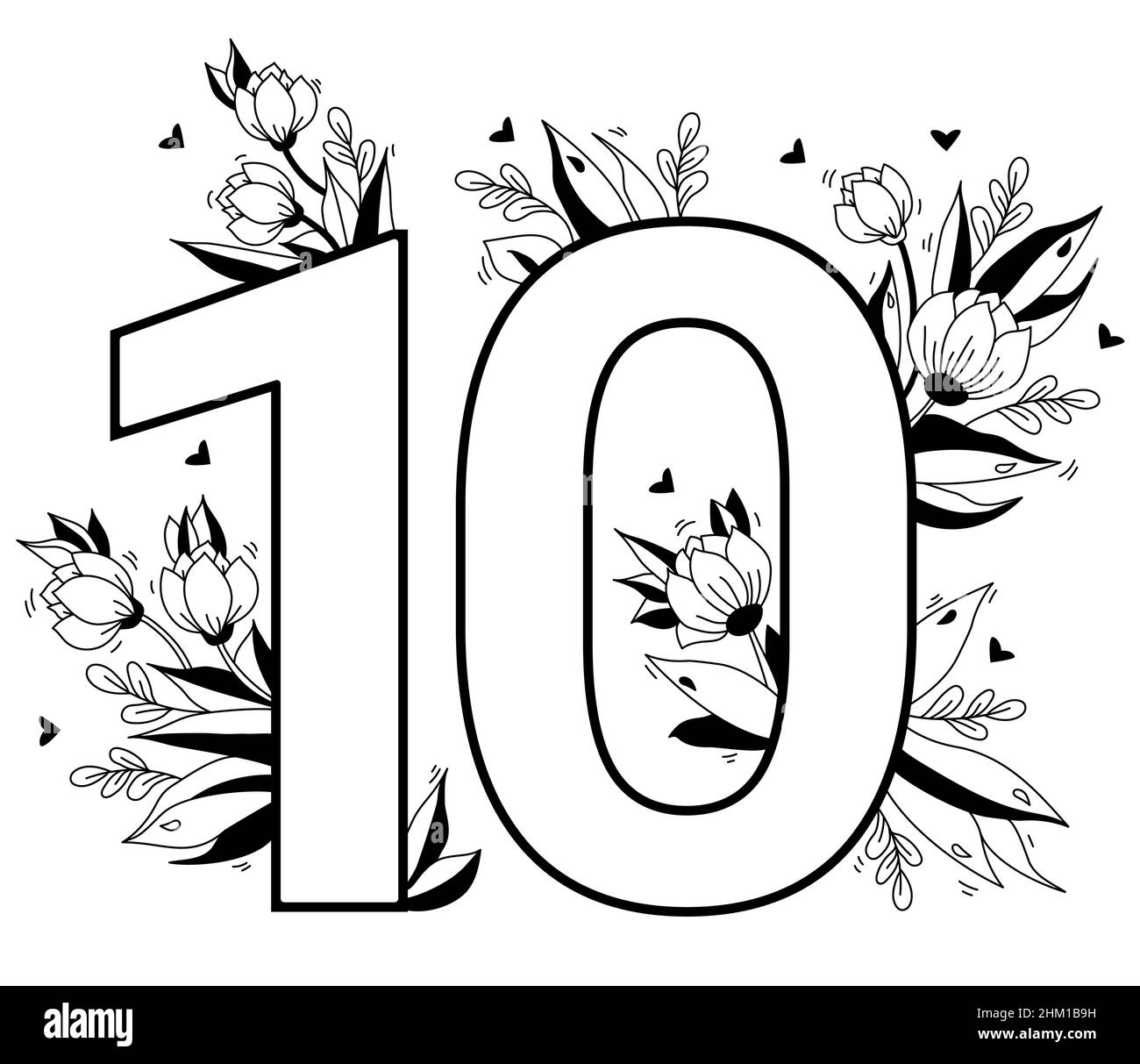 Flower number. Decorative floral pattern numbers ten. Big 10 with flowers, buds, branches, leaves and hearts. Vector illustration on white background. Stock Vector