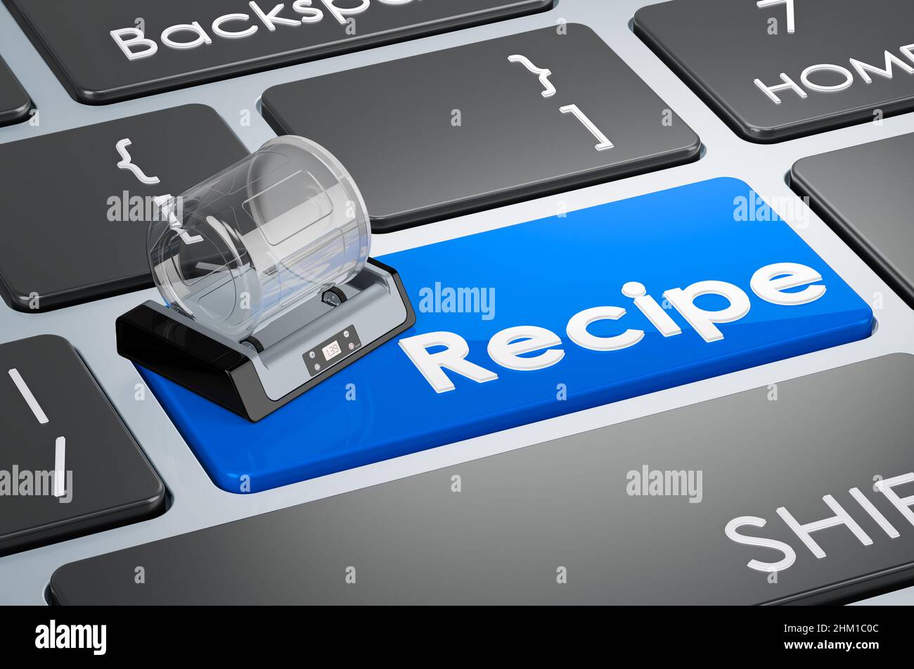 Electric vacuum marinator on keyboard. Recipe blue key. 3D rendering